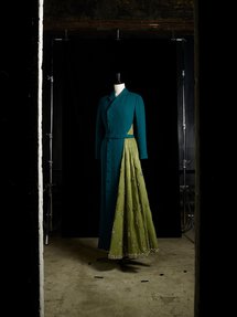Dior dress in green wool crepe and embroidered olive green silk faille