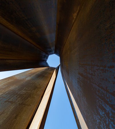 Cross-section view of the 250 feet, 8 sided steel plate of Richard Serra's sculpture '7' right outside MIA