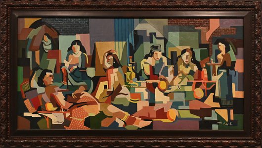 Abstract painting depicting women in a cafe