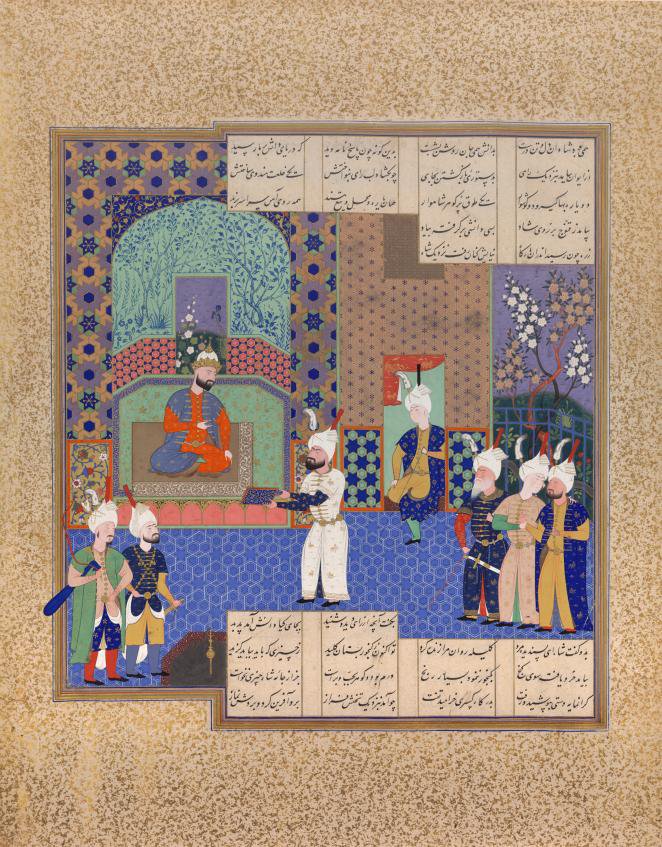 Picture of “Burzuy Presents 'Kalilah wa Dimnah' to King Nushirvan” of Shahnameh of Shah Tahmasp at the Museum of Islamic Art