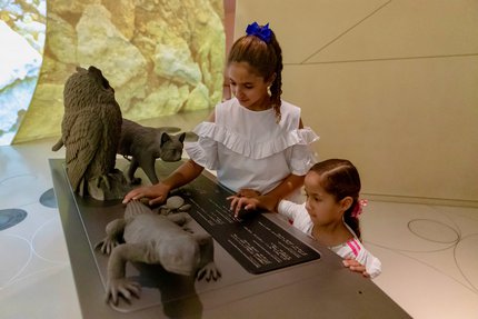 طفلان يتحسسان لوحة معلومات بلغة بريل في متحف قطر الوطني
