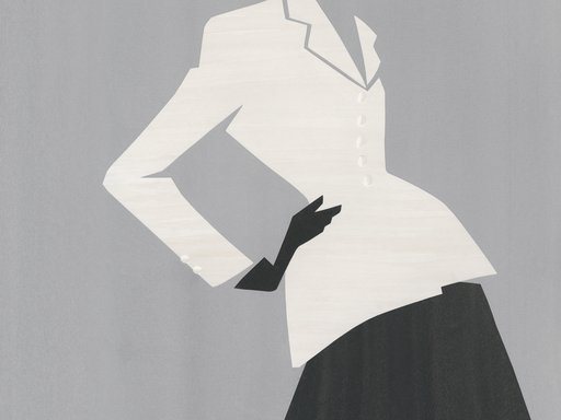 Drawing of a female silhouette dressed in a white fitted jacket, black gloves, a black skirt, a straw-colored hat