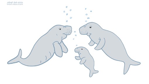 An illustration of a dugong family underwater by Gabriele Bickl