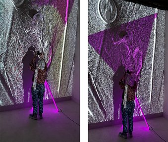 Two images side by side showing a woman standing in front of a projected image.