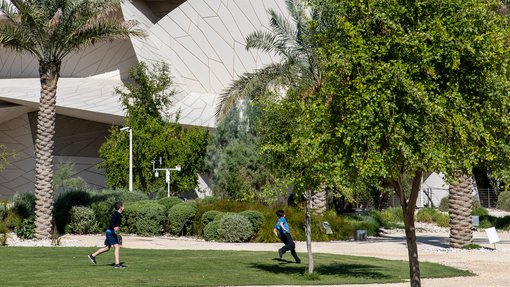 Heritage garden with native plants and trees surrounding the National Museum of Qatar