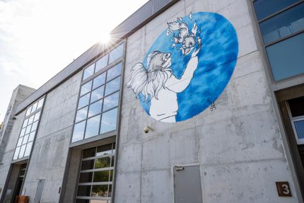 جدارية تمثّل دائرة زرقاء اللّون، في داخلها فتاة تمد يدها مرحبّة بسمكة متجهة نحو يدها.