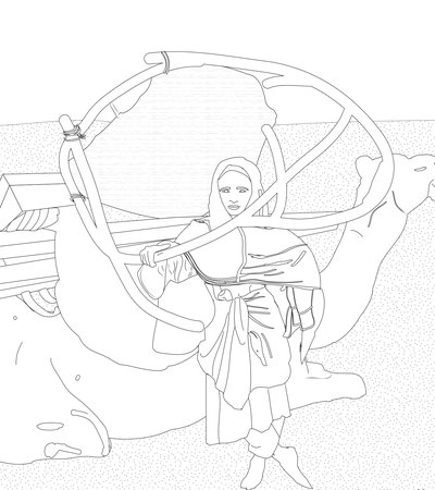 Illustration of a Qatari girl standing by a camel