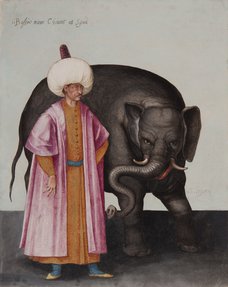 لوحة لرجل يرتدي عمامة بيضاء ورداء ورديا يقف بجانب فيل.