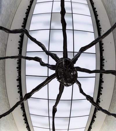A close-up shot from under the sculpture showing the detailed bronze and stainless steel work around the Maman's body