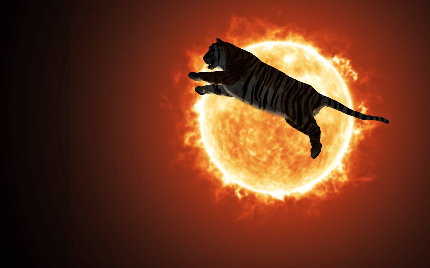 A tiger leaps across a burning sun.