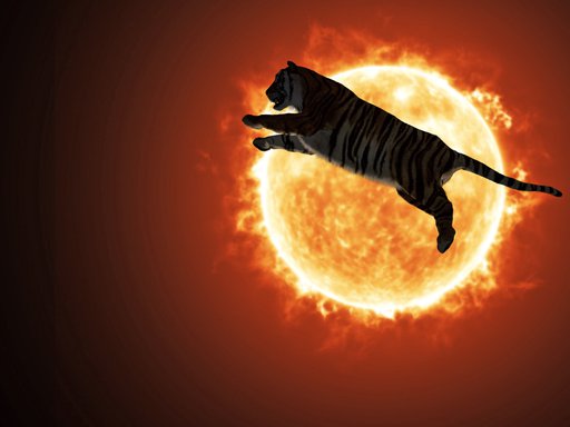 A tiger leaps across a burning sun.