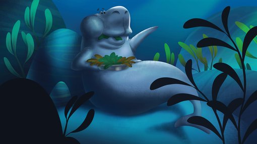 A dugong surrounded by aquatic plants, eating seaweed illustrated by Moataz Omar