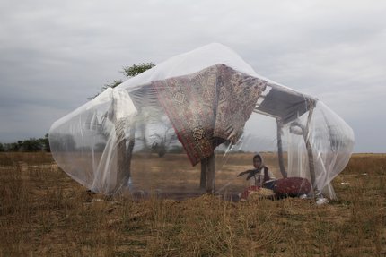 A woman sites under a wooden structure covered in plastic and a rug, in a landscape.
