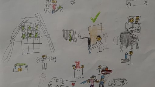 Colourful children drawings featuring people, cars and devices