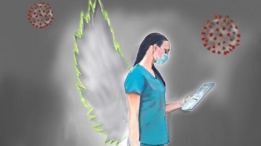 Painting of a healthcare worker with angel wings and the image of the Coronavirus repeated in the background