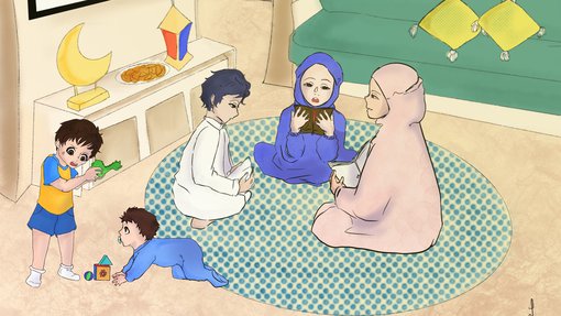 A painting showing a Muslim family in the living room reading the Qur'an while children play around
