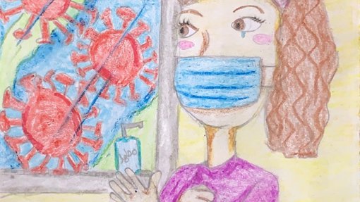 Drawing of a woman wearing a blue face mask stands in front of a large-sized A woman wearing a blue mask stands in front of a painting of viruses