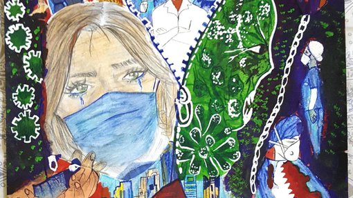 A painting crowded with various elements such as the Doha skyline, healthcare workers, birds and a woman wearing a face mask