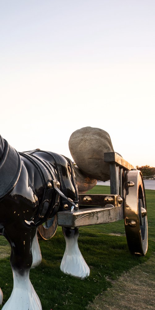 A close-up of Perceval, the lifesize bronze sculpture of a shire horse created by Sarah Lucas